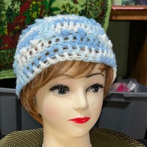 Handcrafted Blue and White Crochet Beanie cloche in blue & white.